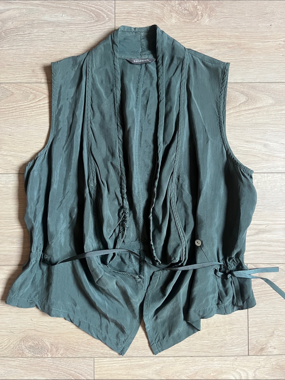 Sandwich Olive Sleeveless Draped Vest with Waist Tie